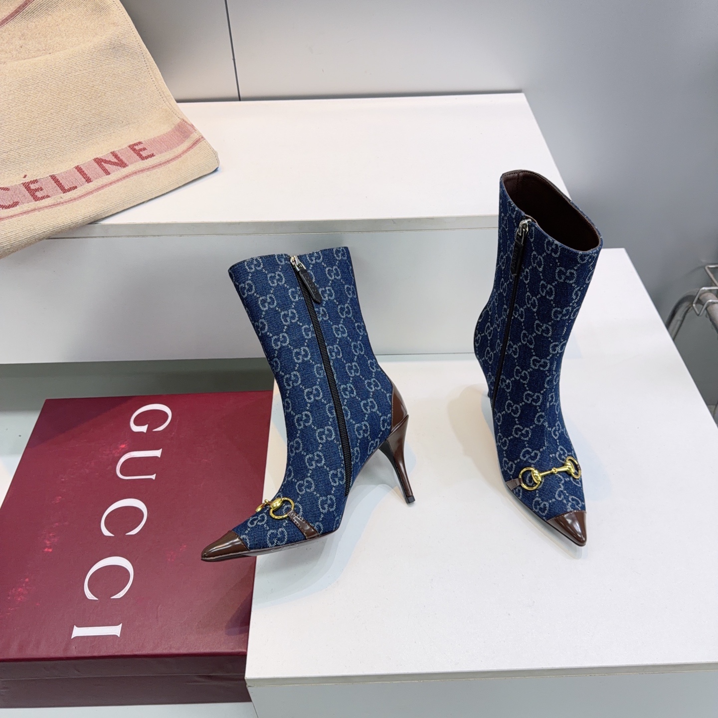 Gucci Blue GG Horsebit Stiletto Ankle Boots