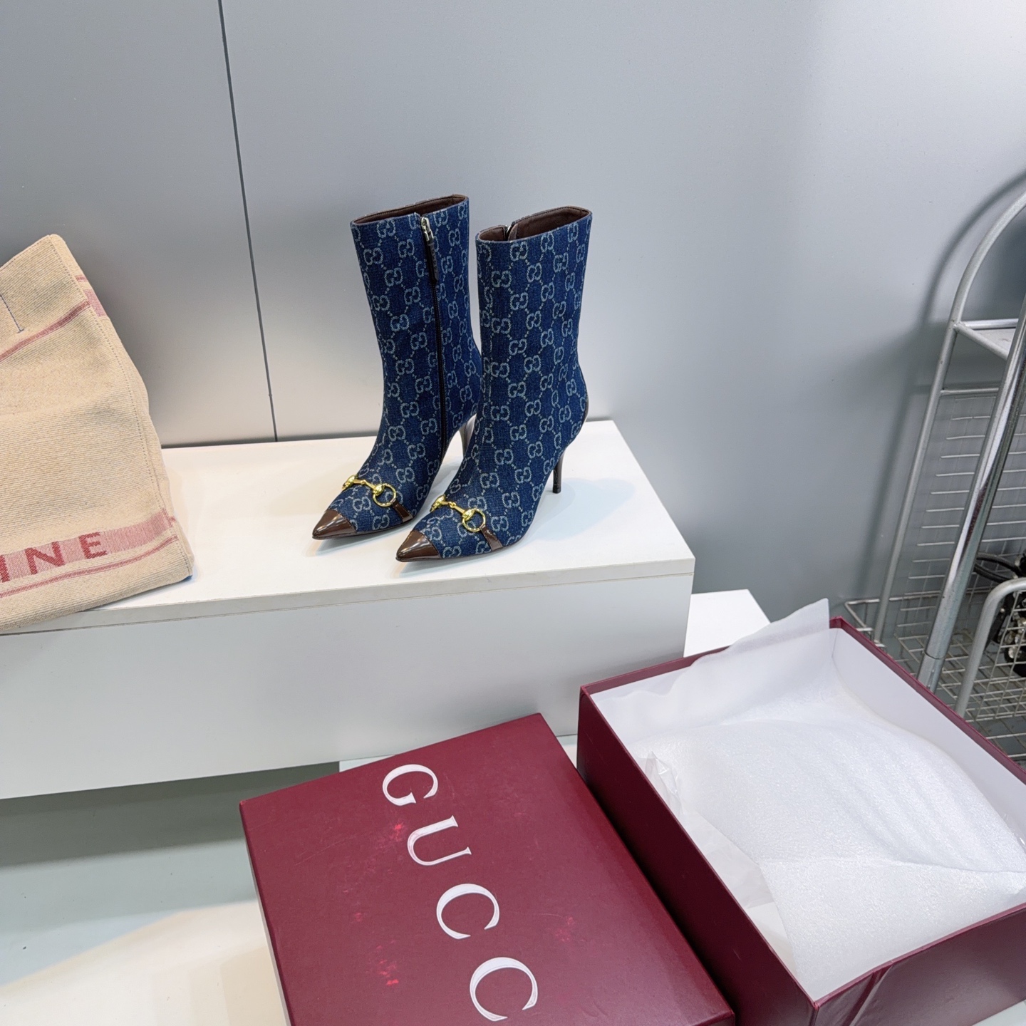 Gucci Blue GG Horsebit Stiletto Ankle Boots