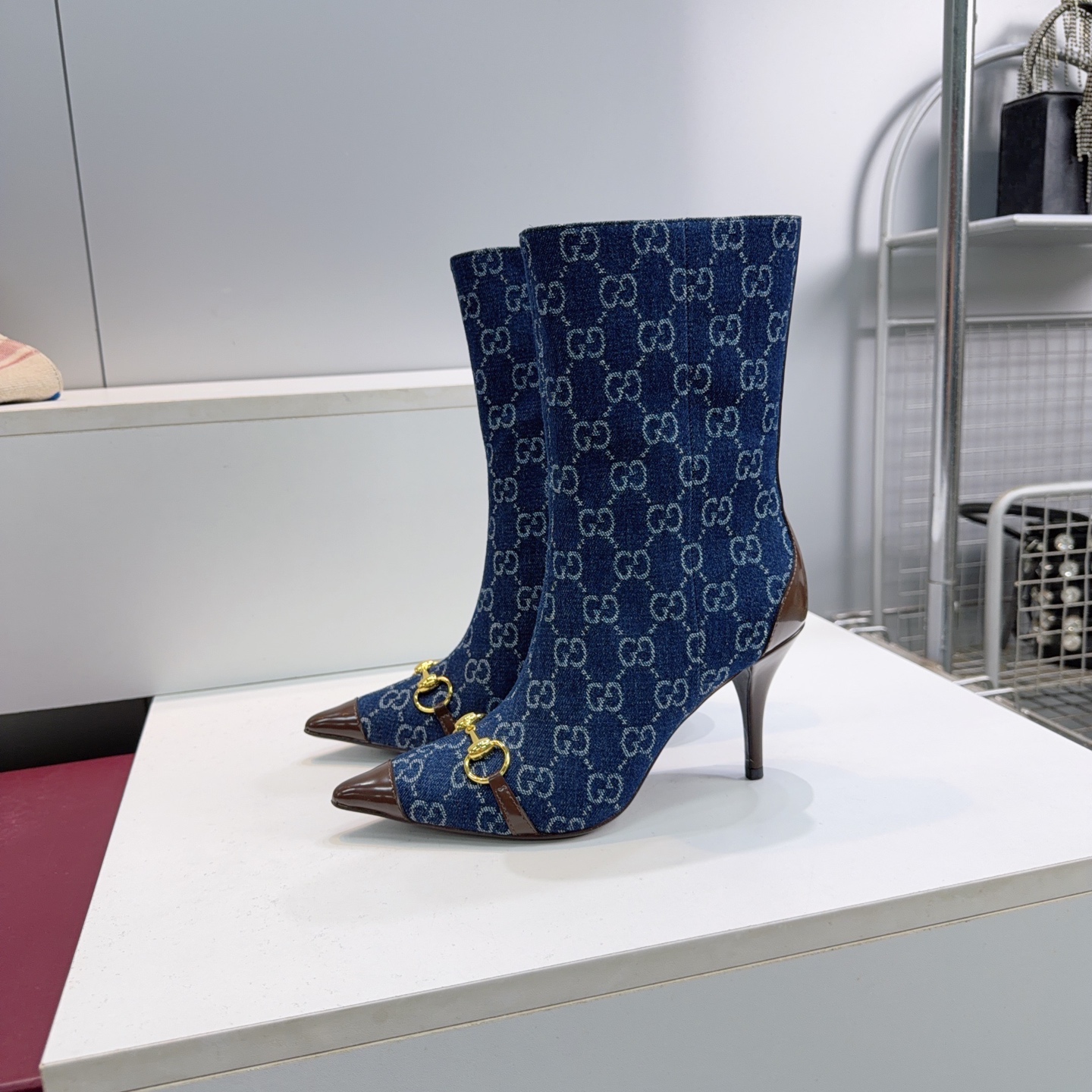 Gucci Blue GG Horsebit Stiletto Ankle Boots