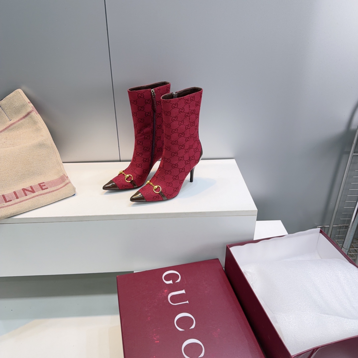 Gucci Red GG Horsebit Stiletto Ankle Boots