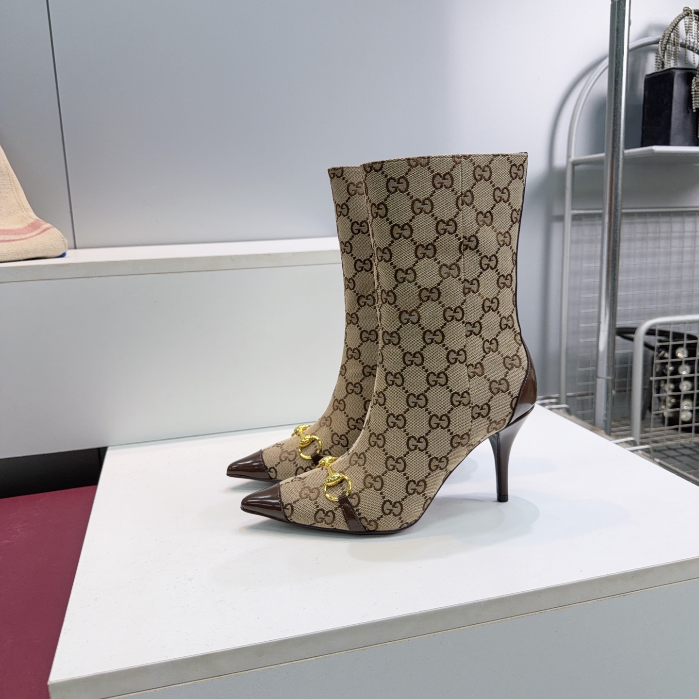 Gucci Beige GG Horsebit Stiletto Mid Calf Boots