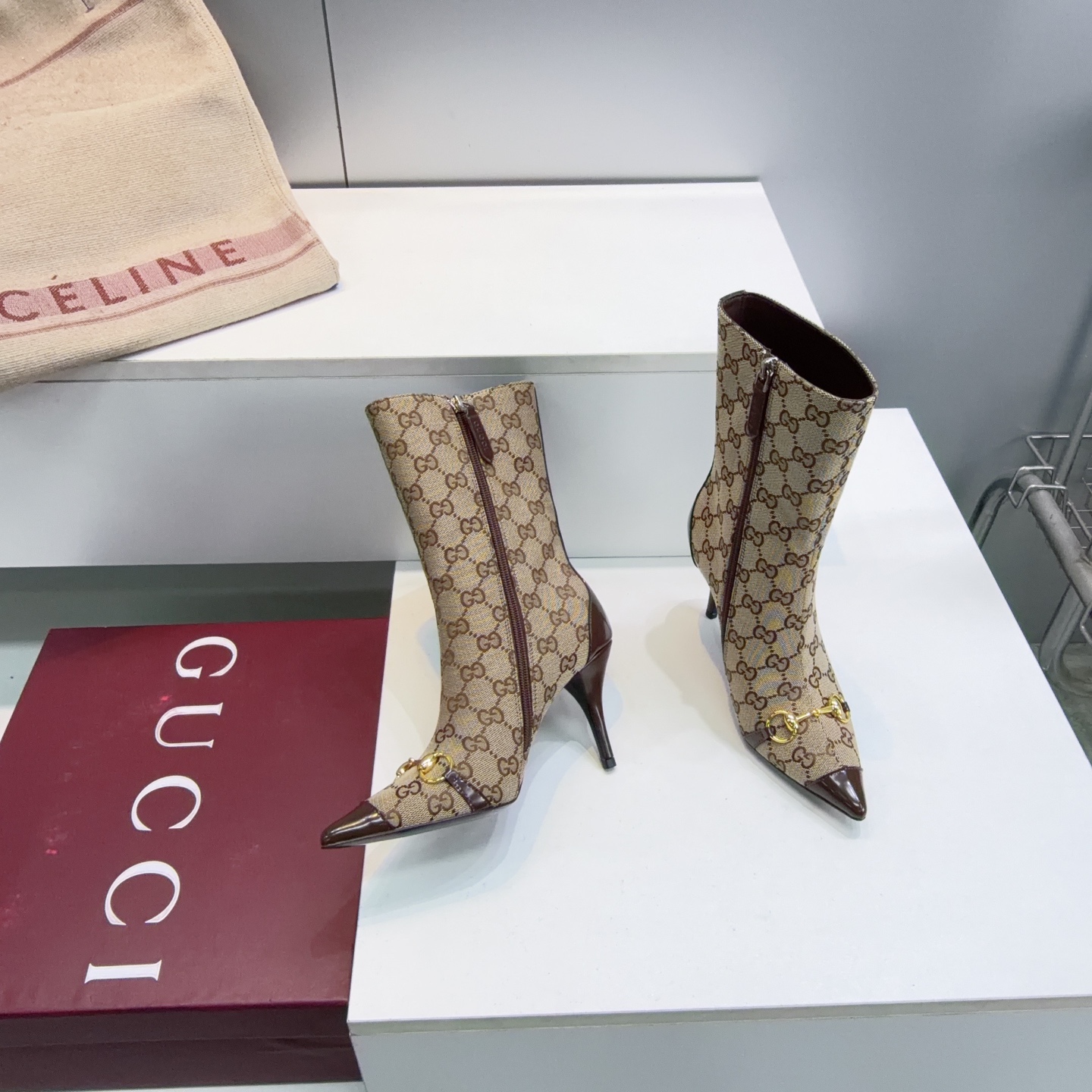 Gucci Beige GG Horsebit Stiletto Mid Calf Boots