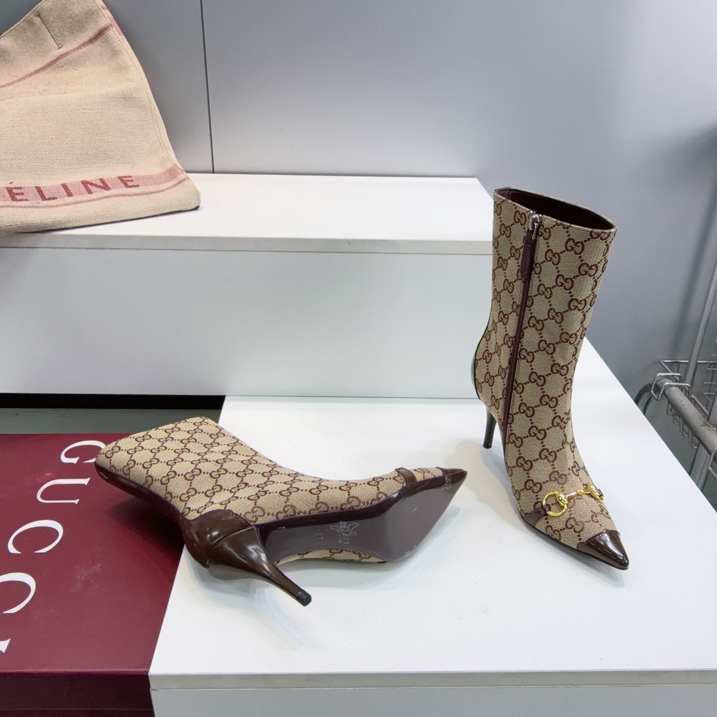 Gucci Beige GG Horsebit Stiletto Mid Calf Boots