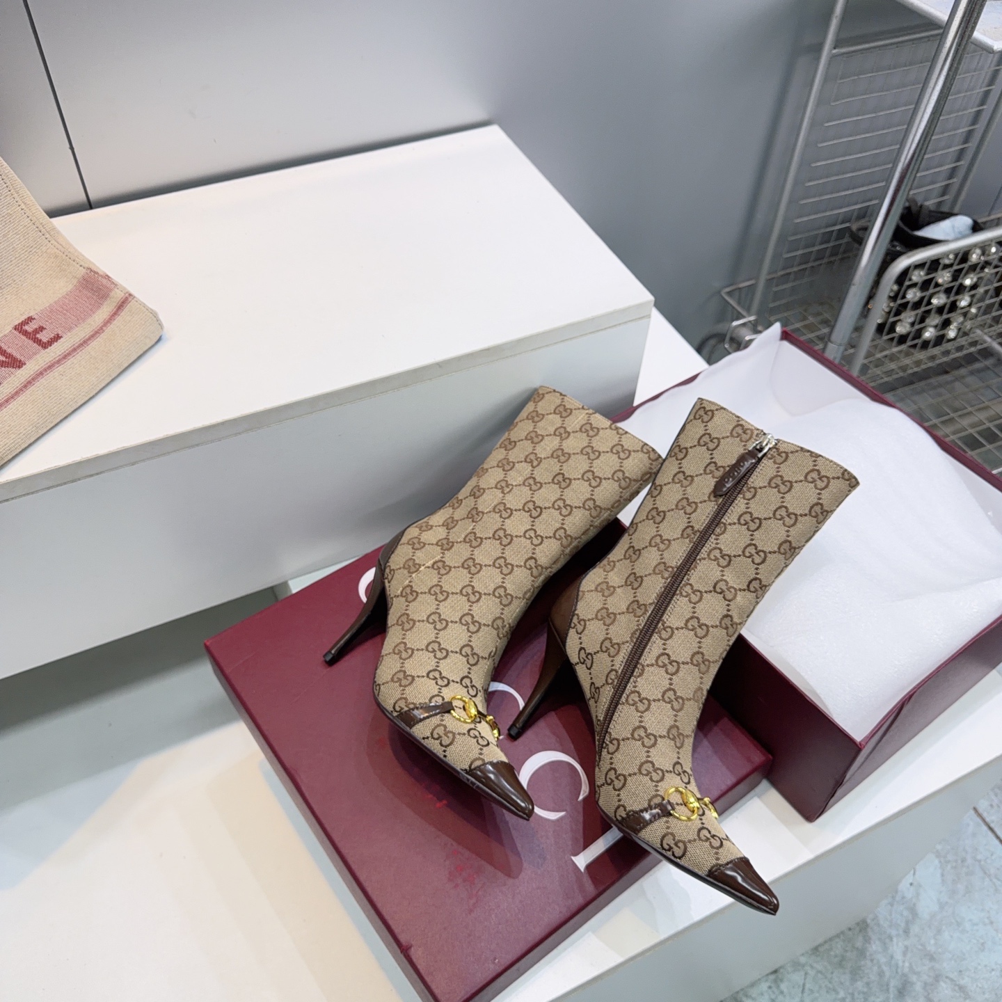 Gucci Beige GG Horsebit Stiletto Mid Calf Boots