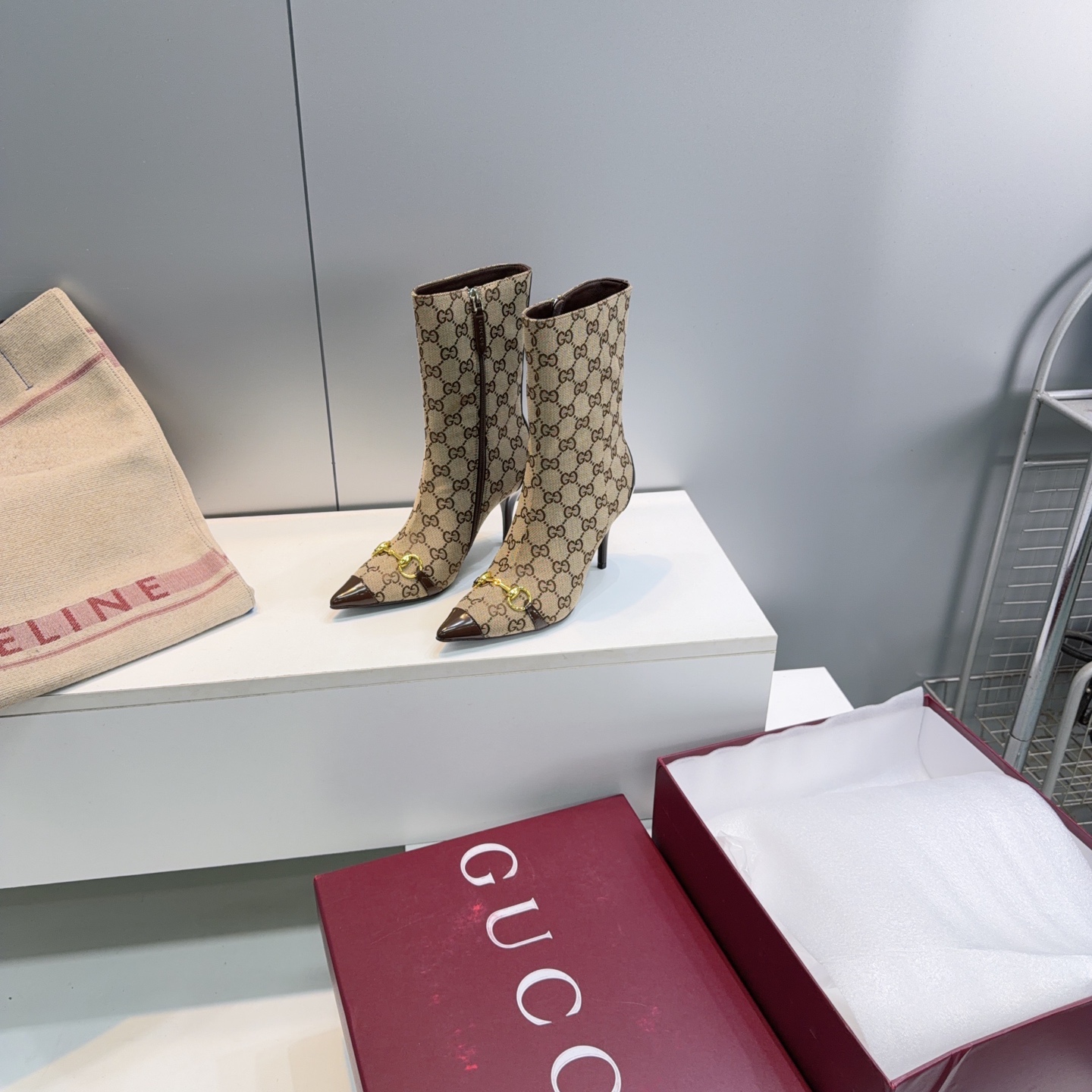 Gucci Beige GG Horsebit Stiletto Mid Calf Boots