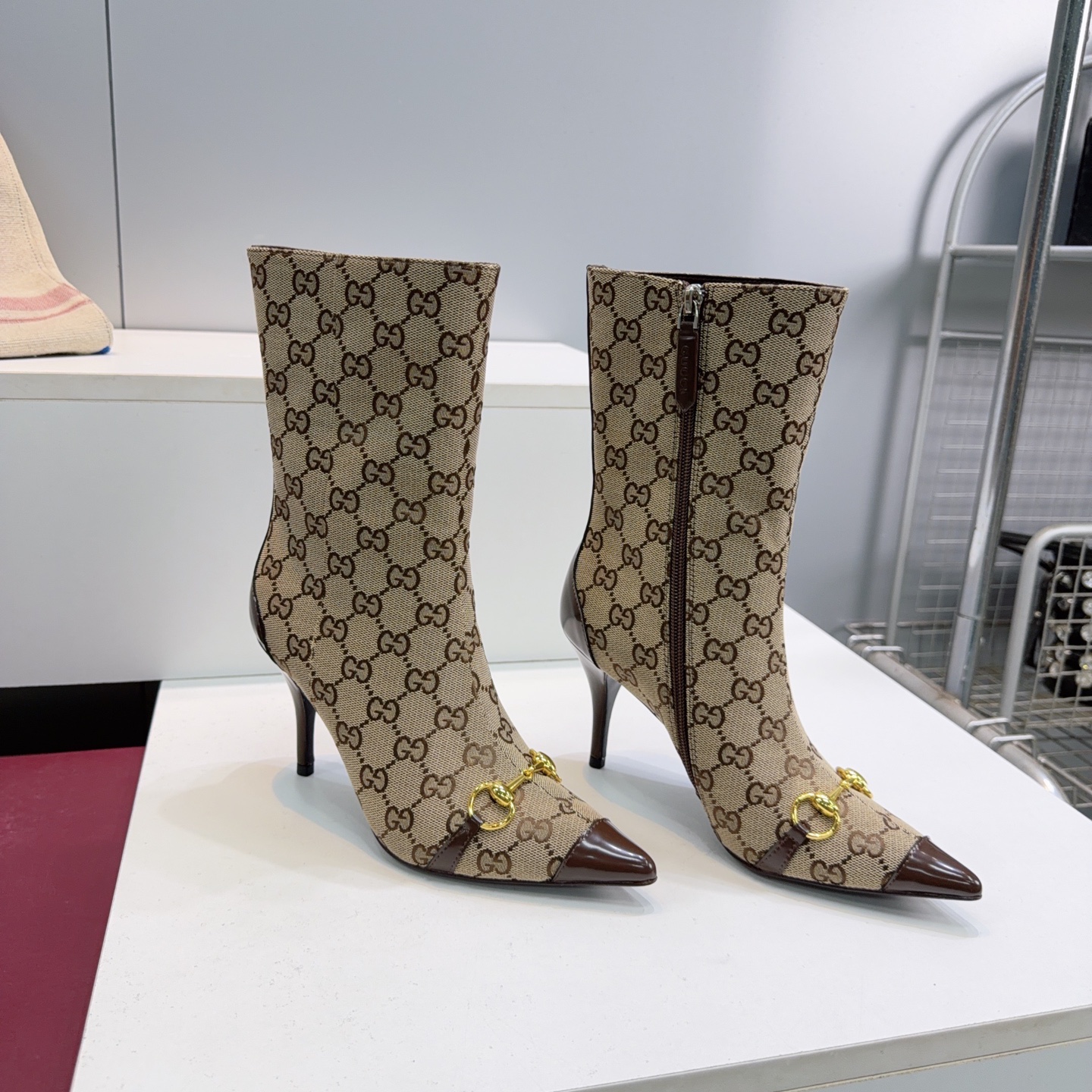 Gucci Beige GG Horsebit Stiletto Mid Calf Boots