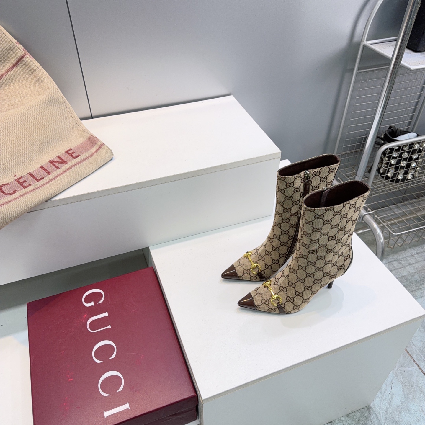 Gucci Beige GG Horsebit Stiletto Mid Calf Boots