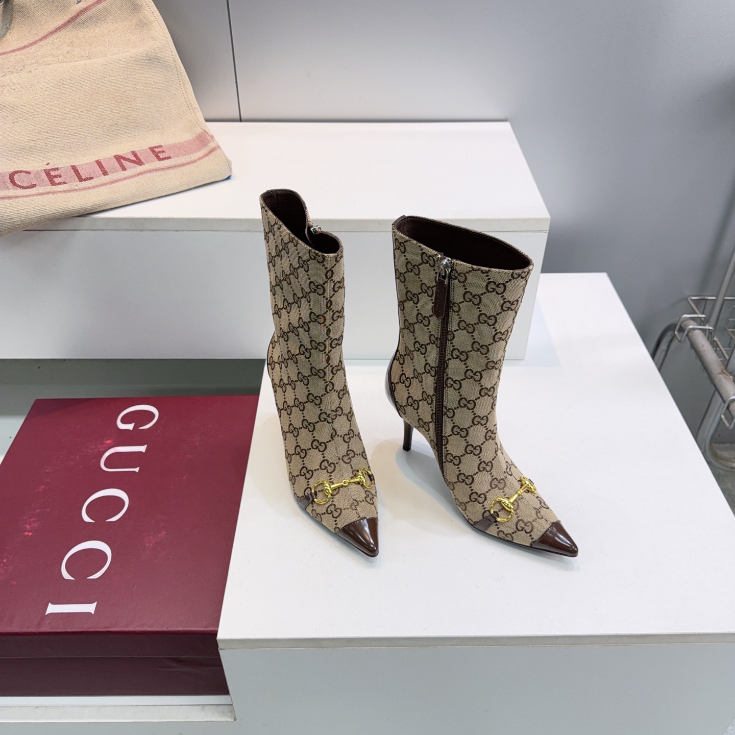 Gucci Beige GG Horsebit Stiletto Mid Calf Boots