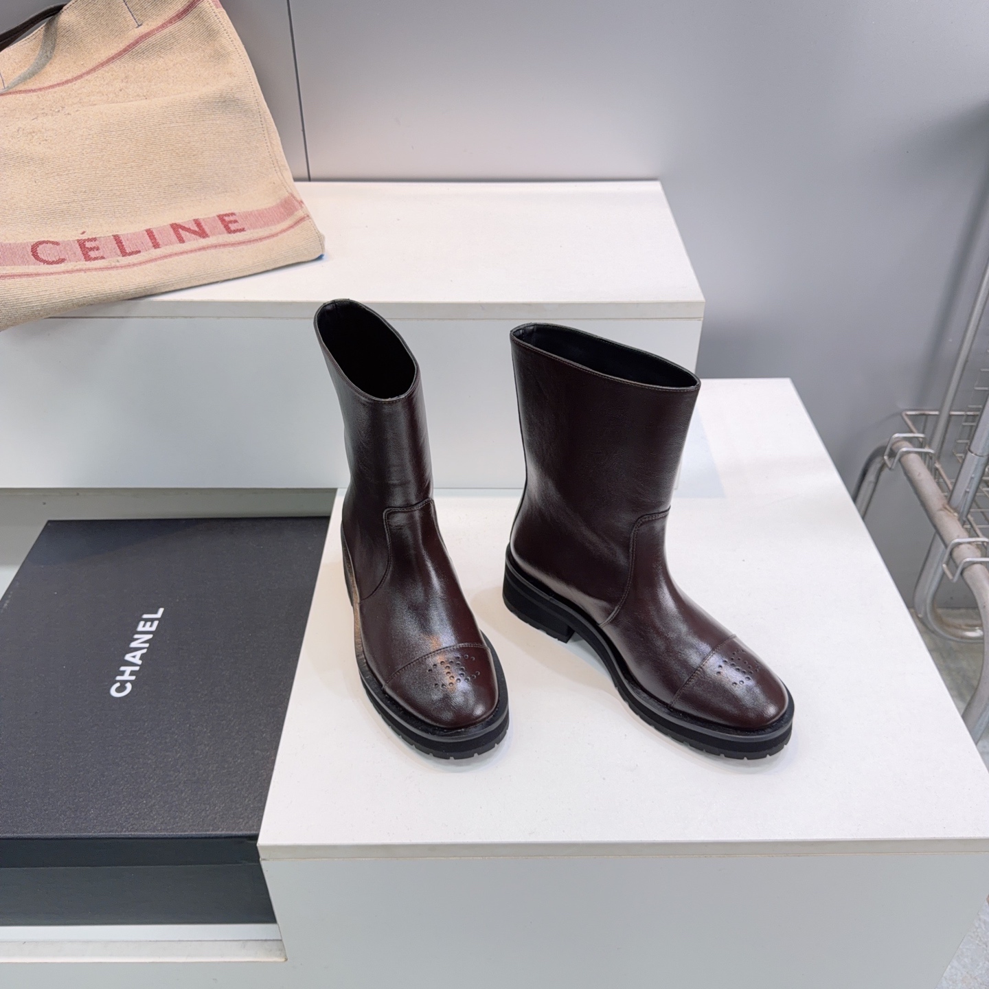 Chanel Brown Brogue Mid Calf Boots