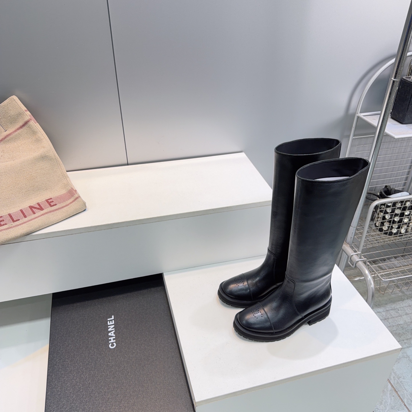 Chanel Black Brogue Knee High Boots