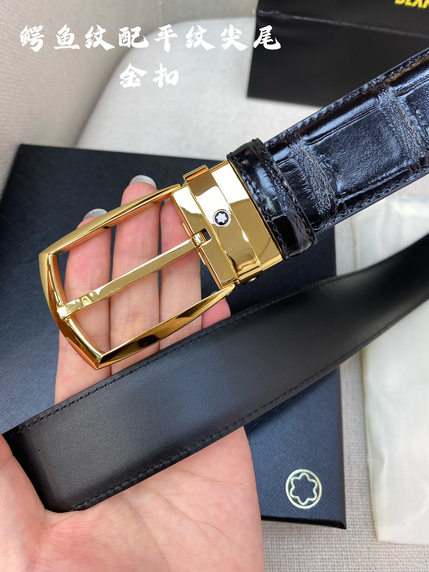 Montblanc万宝龙宽3.5cm采用头层牛皮精品针式扣头自由裁剪商务休闲皮带