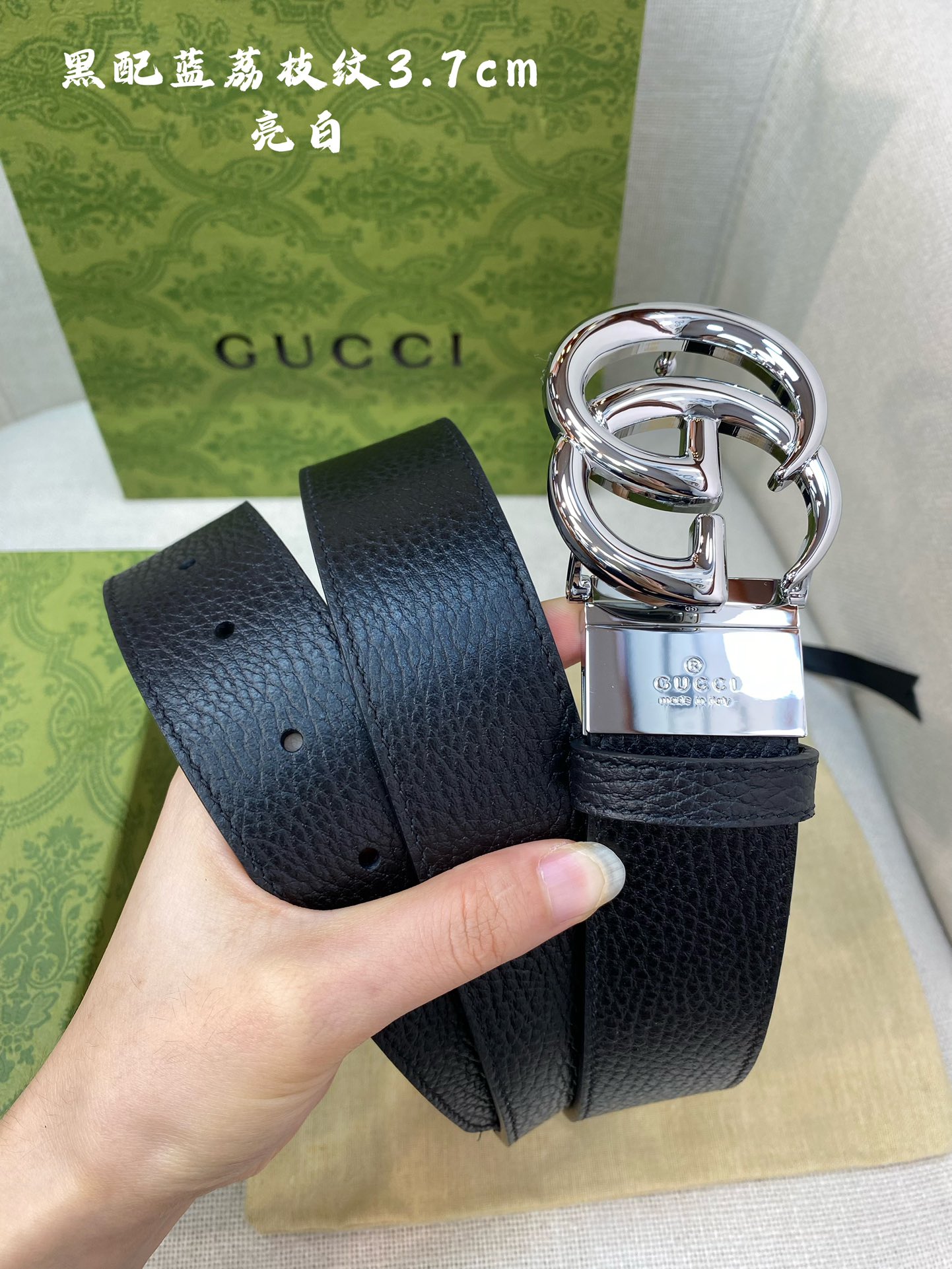 Gucci古奇官网经典正品规格3.7cm原版品质头层小牛皮压花进口头层底双G抛光旋转亮面扣