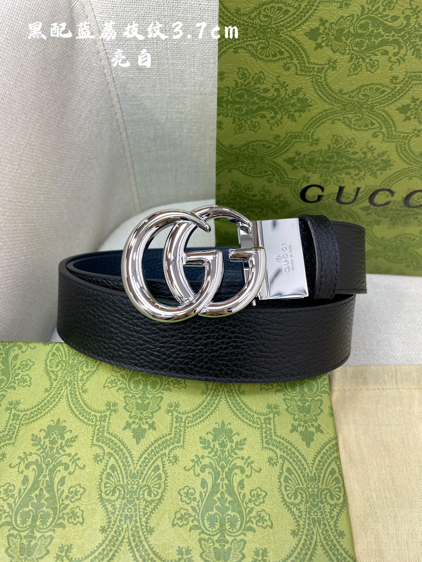 Gucci古奇官网经典正品规格3.7cm原版品质头层小牛皮压花进口头层底双G抛光旋转亮面扣