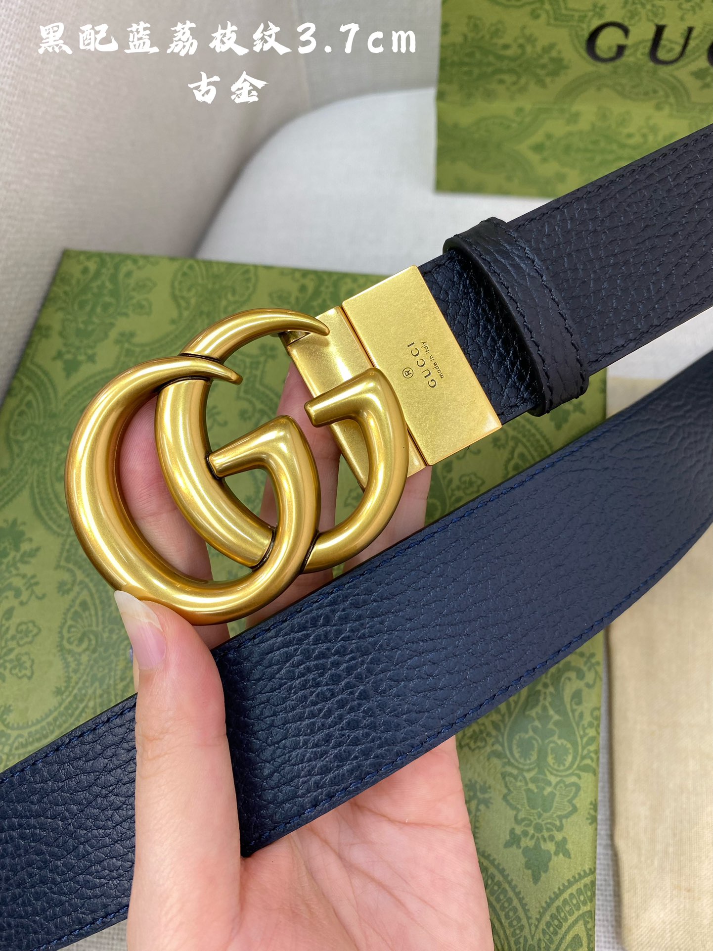 Gucci古奇官网经典正品规格3.7cm原版品质头层小牛皮压花进口头层底双G抛光旋转亮面扣