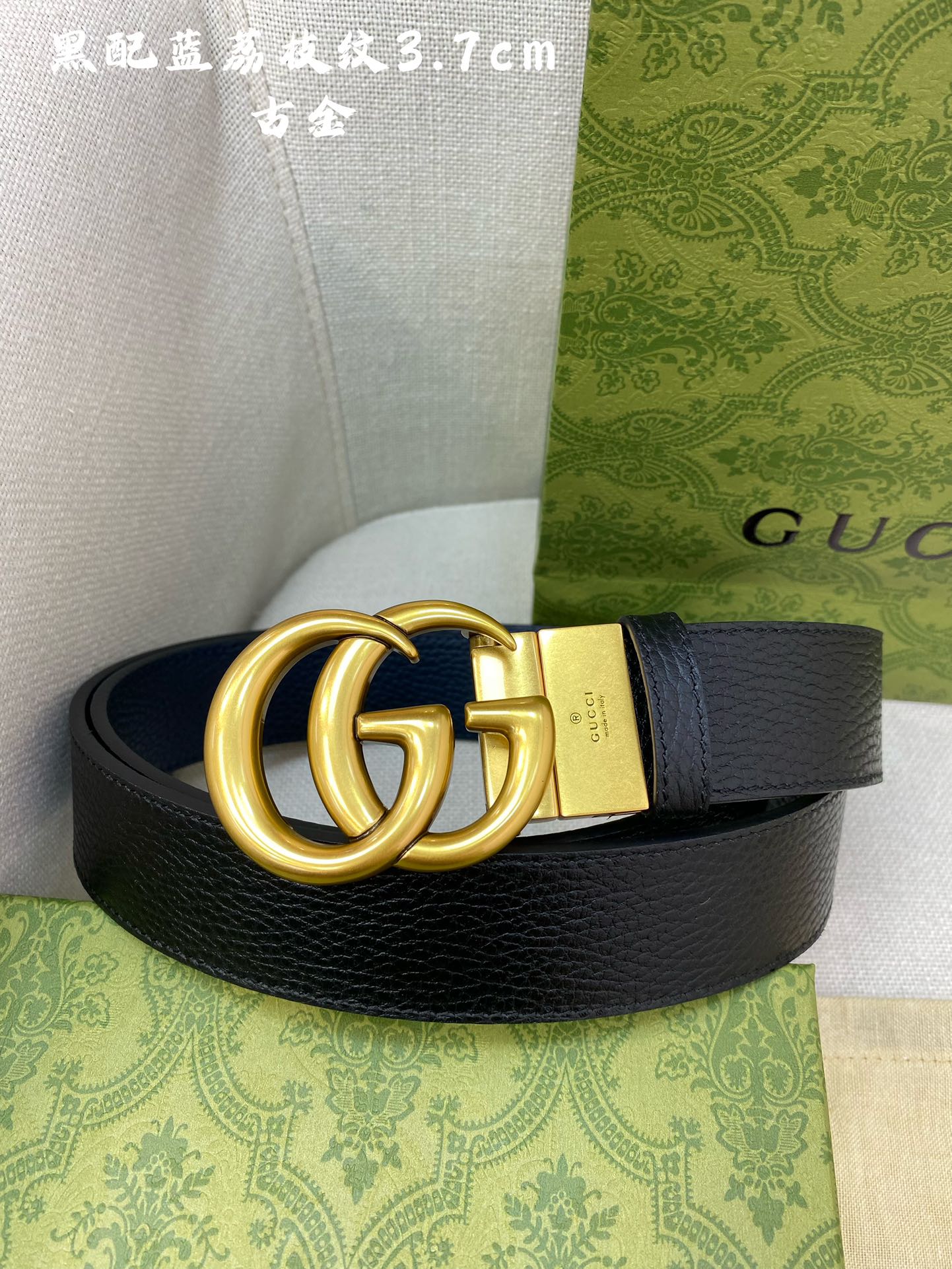 Gucci古奇官网经典正品规格3.7cm原版品质头层小牛皮压花进口头层底双G抛光旋转亮面扣