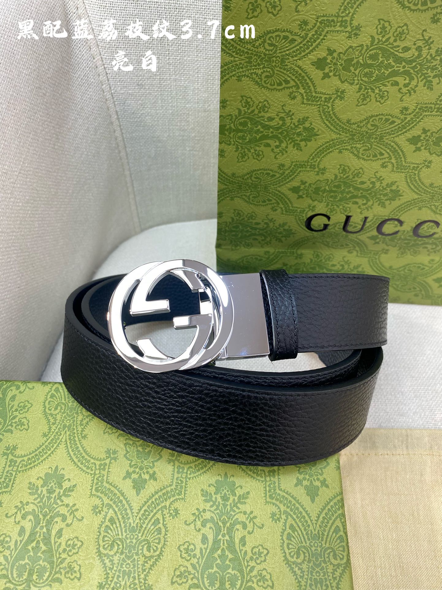 Gucci古奇官网经典正品规格3.7cm原版品质头层小牛皮压花进口头层底双G抛光旋转亮面扣