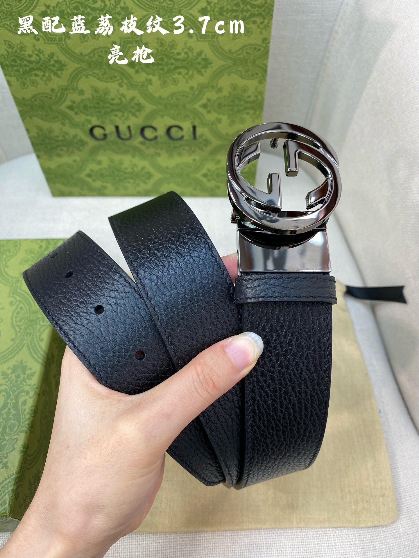 Gucci古奇官网经典正品规格3.7cm原版品质头层小牛皮压花进口头层底双G抛光旋转亮面扣