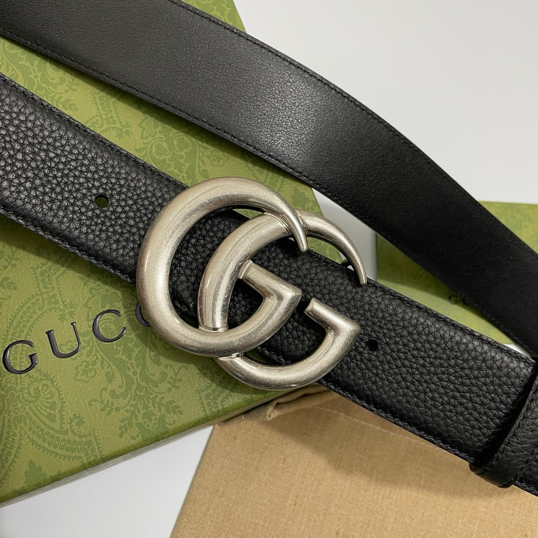 Gucci经典款双色Togo荔枝纹内衬头层小牛皮黑底宽4.0cm复古圆GG扣