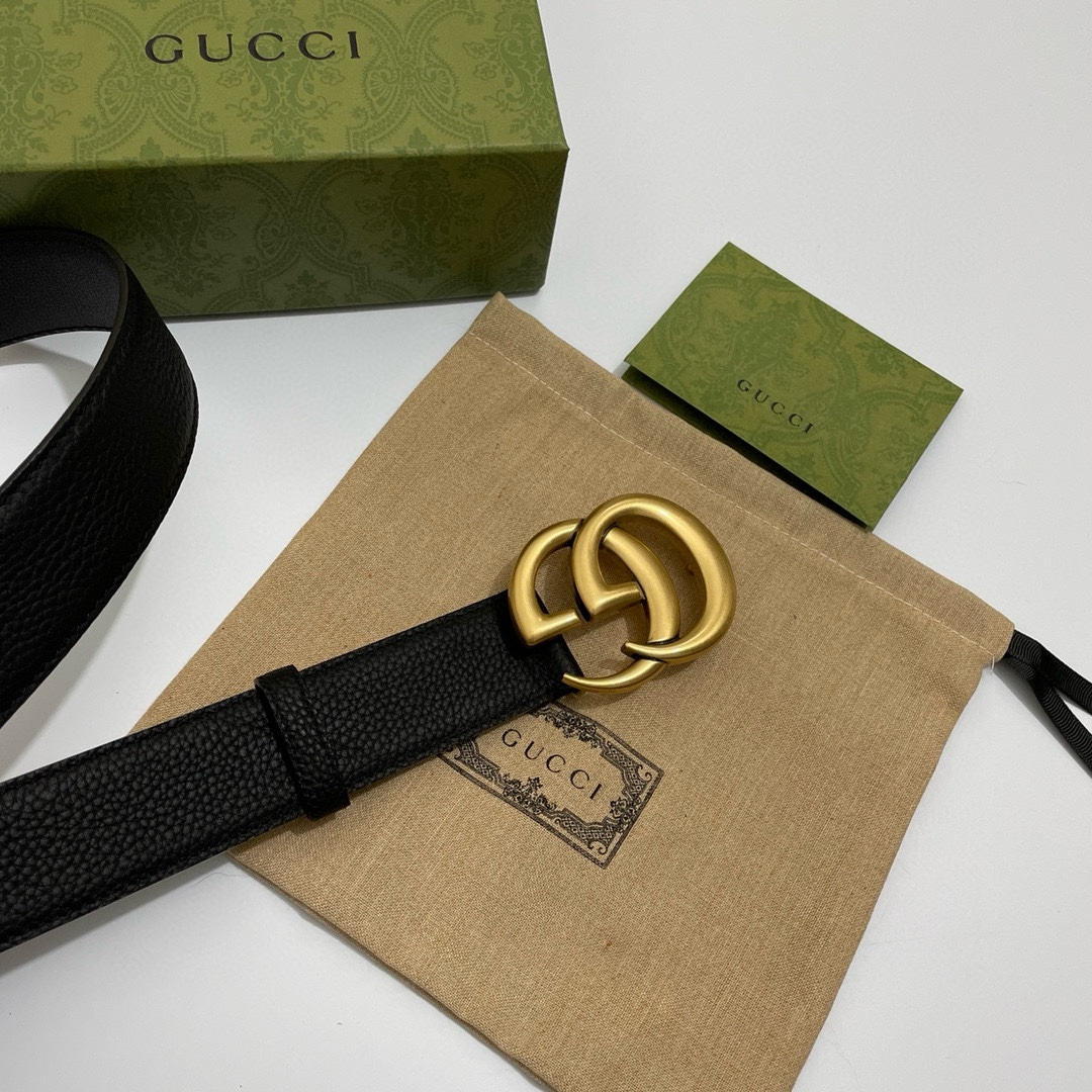 Gucci经典款双色Togo荔枝纹内衬头层小牛皮黑底宽4.0cm复古圆GG扣