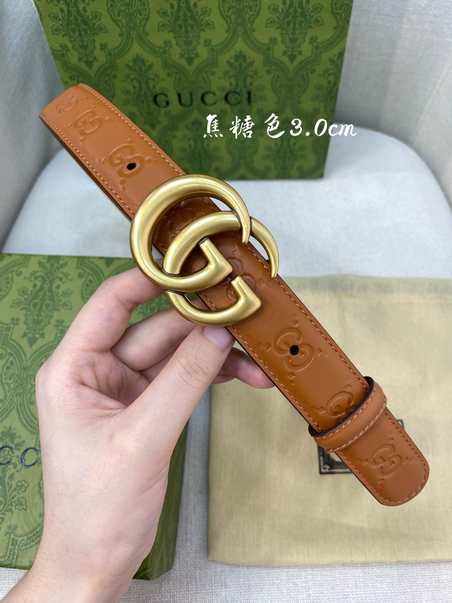 Gucci Bruin Lederen Riem met GG-Embleem Gouden Gesp - 3.0cm Breed