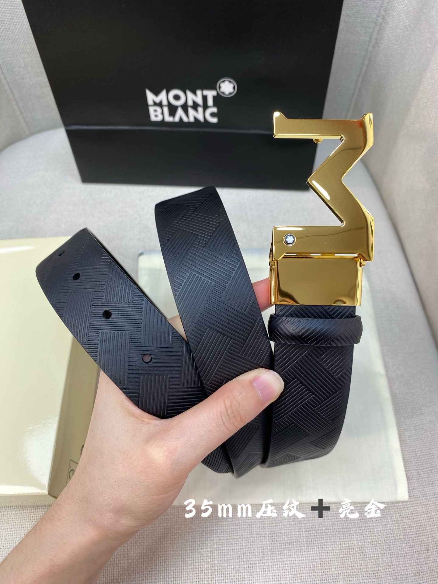 Montblanc Men's Black Leather Belt with Gold Buckle, 3.5cm Width - Adjustable 5 i1749394131377 9639 0 3