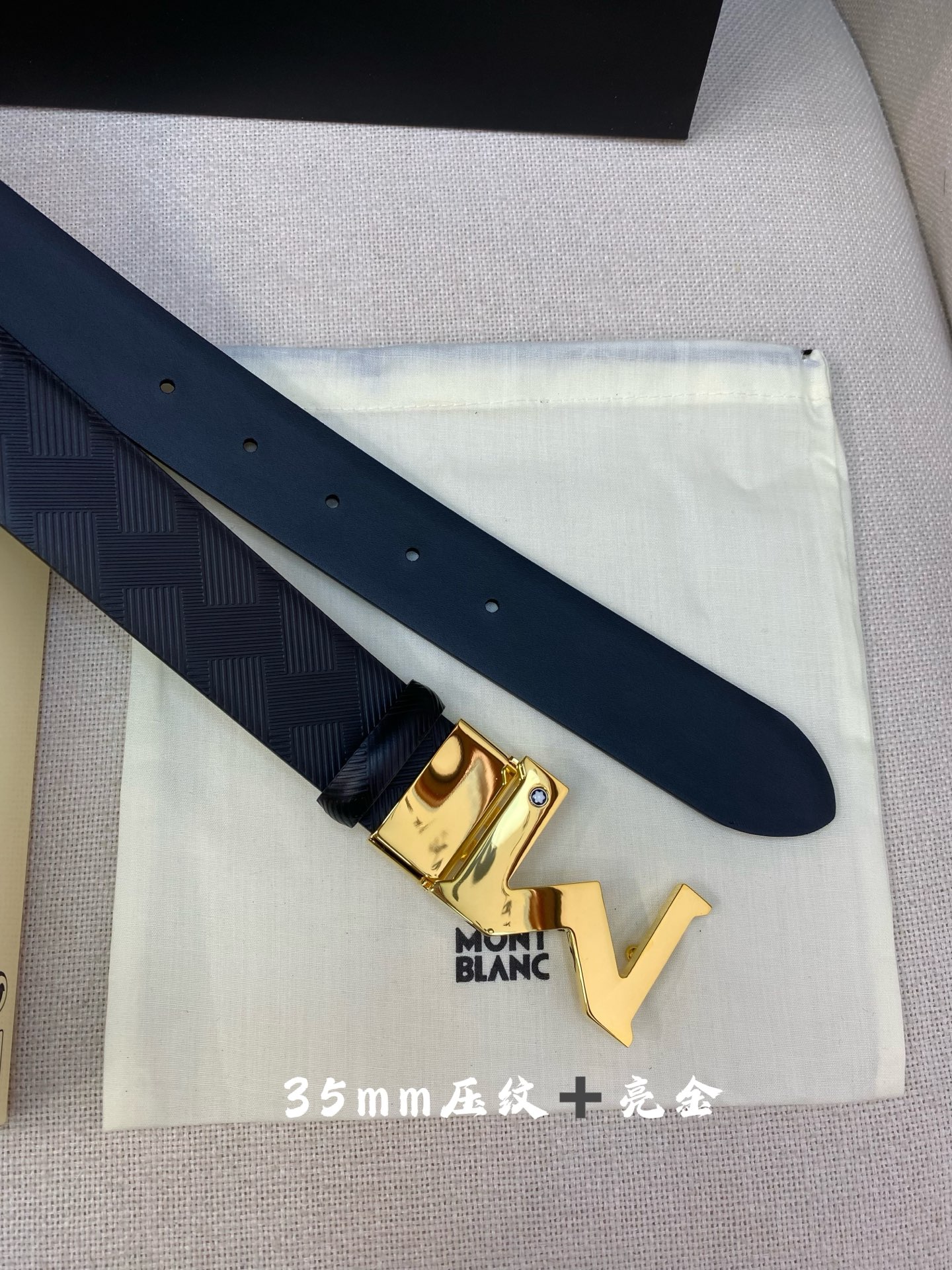 Montblanc Men's Black Leather Belt with Gold Buckle, 3.5cm Width - Adjustable 7 i1749394131444 109 0 5