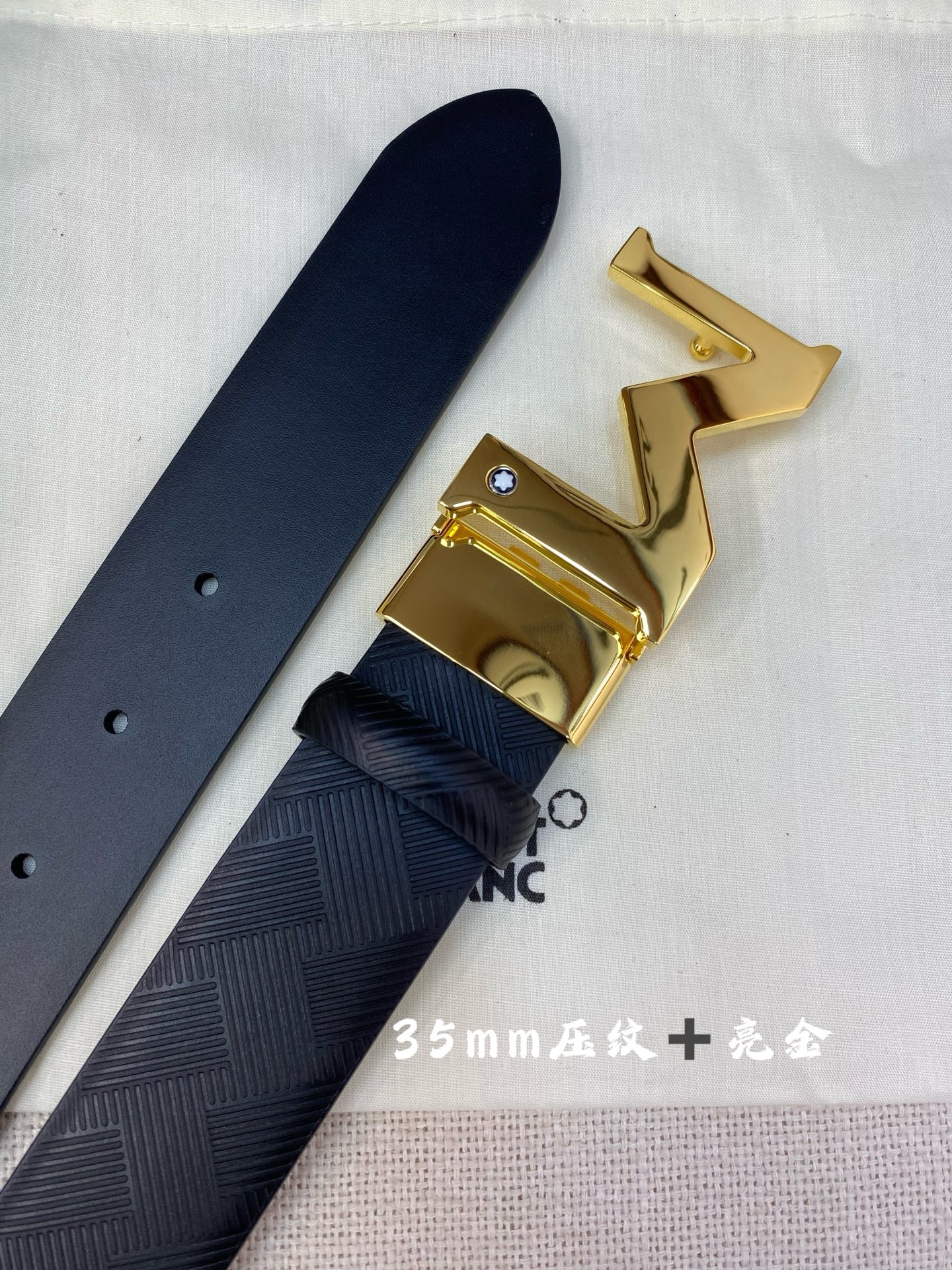 Montblanc Men's Black Leather Belt with Gold Buckle, 3.5cm Width - Adjustable 2 i1749394134645 6299 0 0