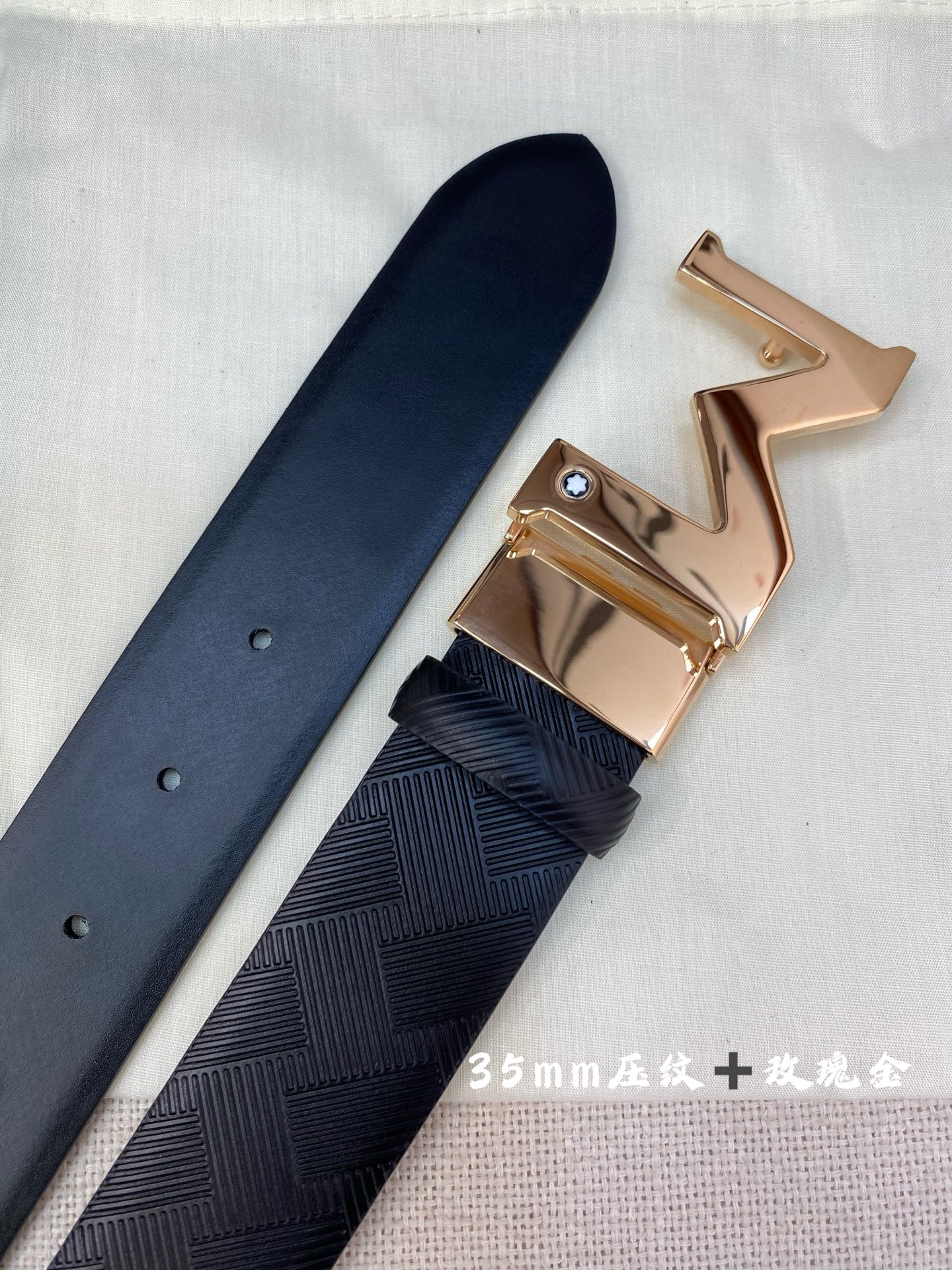 Montblanc Men's Leather Belt - Adjustable Width 3.5cm, Gold Buckle