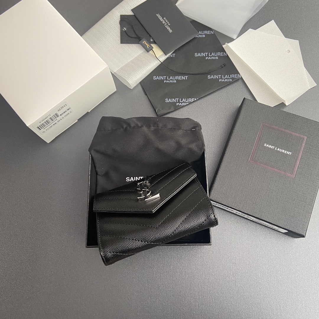Saint Laurent 五金 MATELASSE短款粒面壓印皮革三折短包