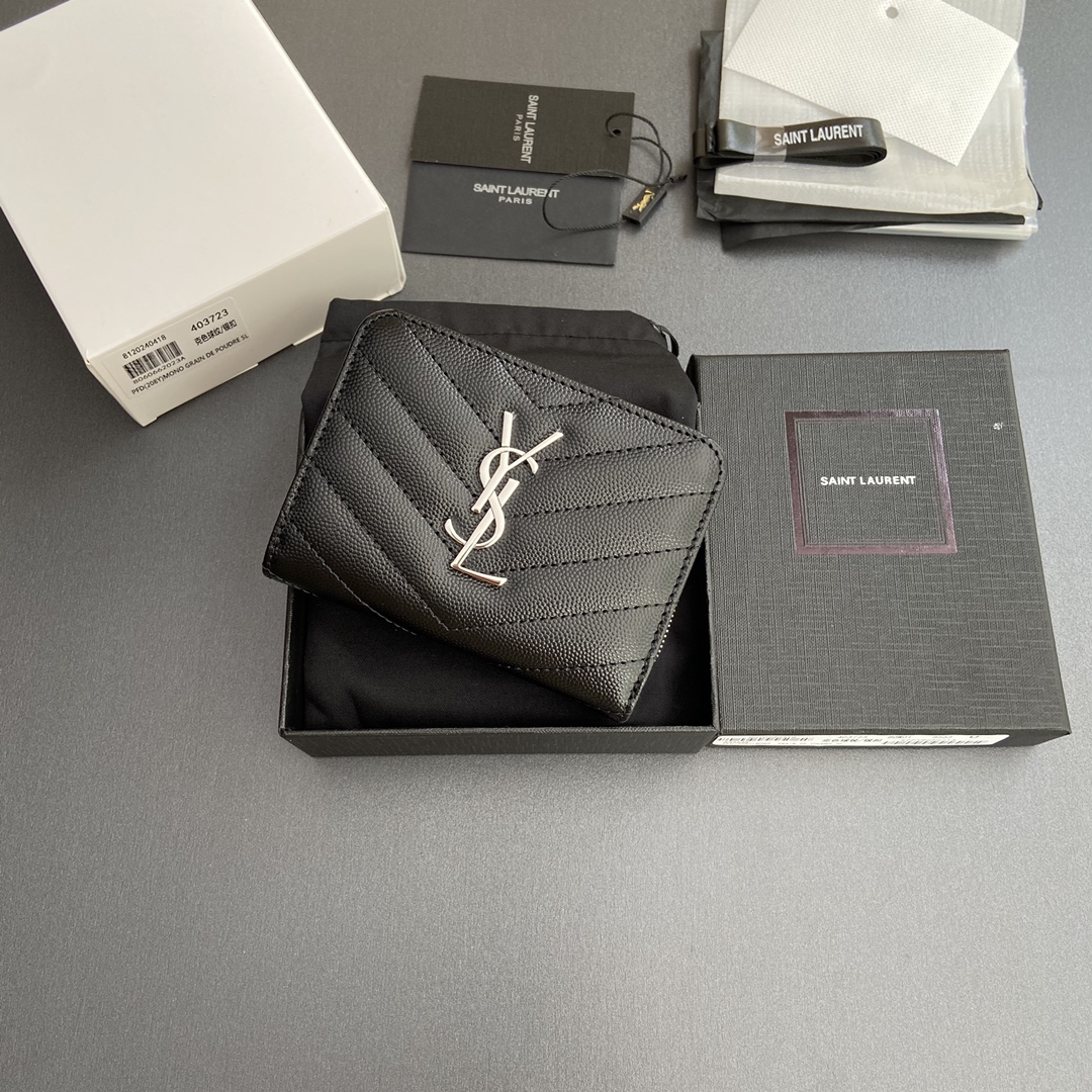 Saint Laurent 五金 MATELASSE小号粒纹压花皮革拉链钱包