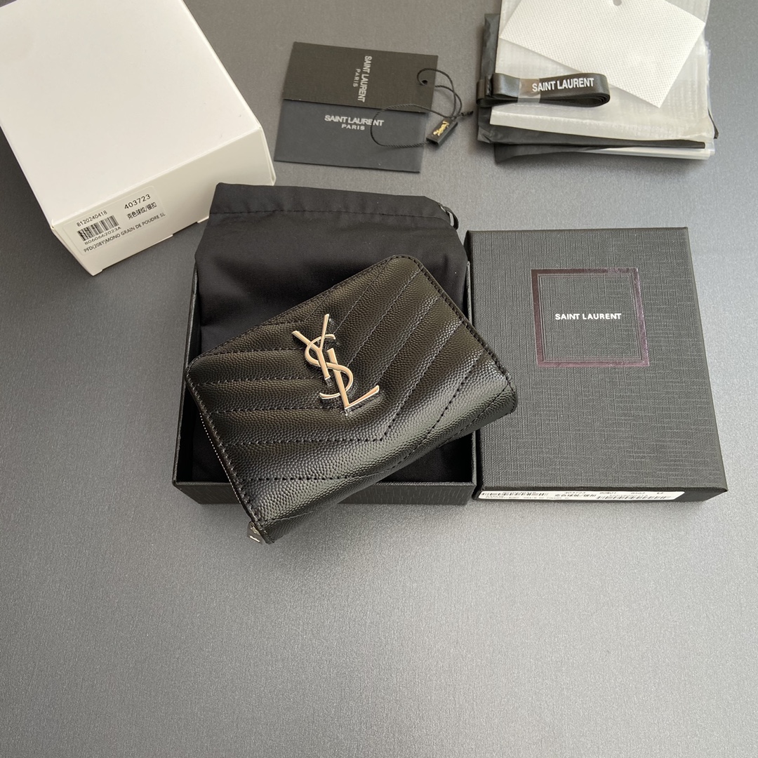 Saint Laurent 五金 MATELASSE小号粒纹压花皮革拉链钱包