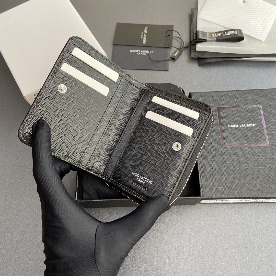Saint Laurent 五金 MATELASSE小号粒纹压花皮革拉链钱包