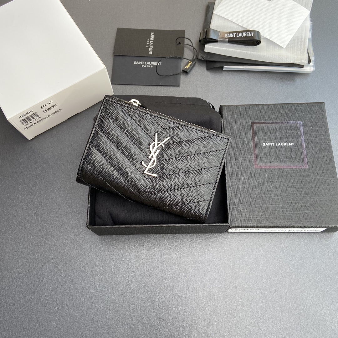 Saint Laurent 五金 .MATELASSE粒面压印皮革拉链双折钱包