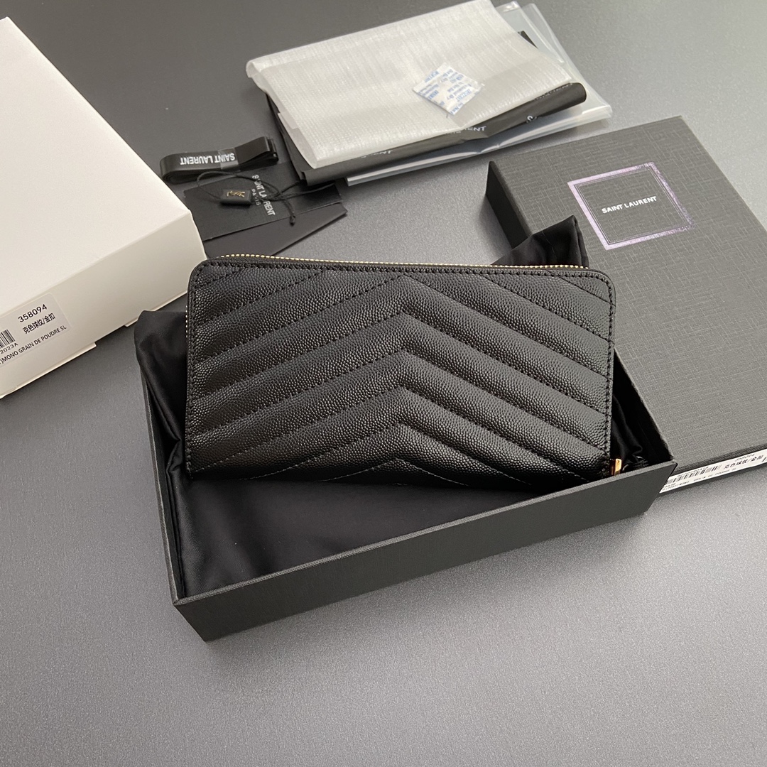 Saint Laurent 五金 MATELASSE翻盖粒面压印皮革环绕式拉链钱包