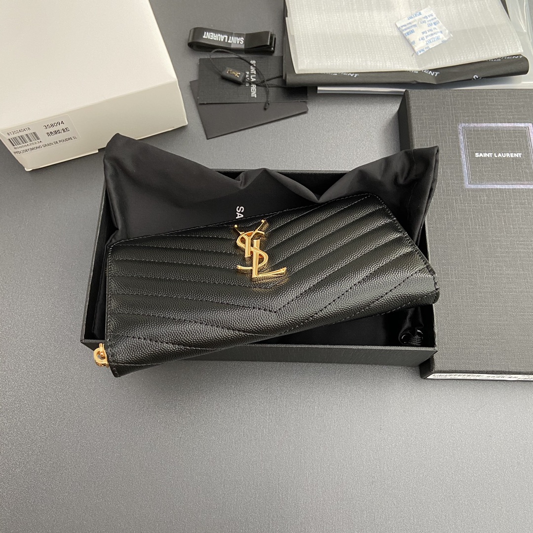 Saint Laurent 五金 MATELASSE翻盖粒面压印皮革环绕式拉链钱包