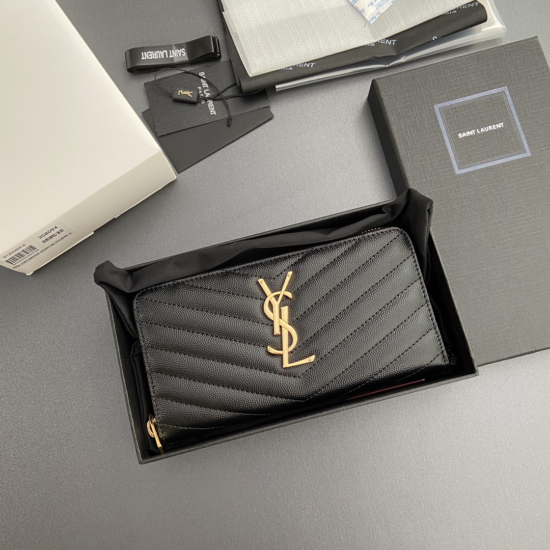 Saint Laurent 五金 MATELASSE翻盖粒面压印皮革环绕式拉链钱包