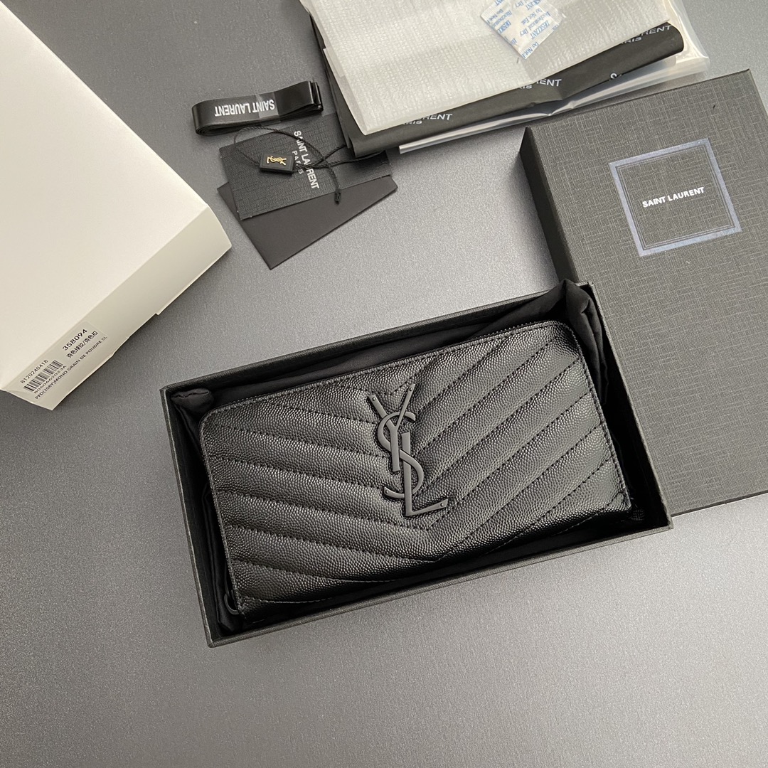 Saint Laurent 五金 MATELASSE翻盖粒面压印皮革环绕式拉链钱包