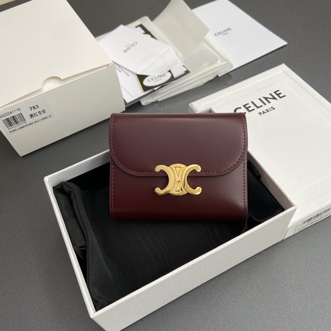 NO:201567,【Excellent pure steel hardware original leather】TRIOMPHE shiny cowhide leather wallet/Xiaosai 5 card gravel 1 folding coin bag with snap button 1 flat pocket 1 banknote bag Number: 10D782CQH.04LU783 783 Wine red full leather Size: w10.5×9×3cm., Celine wallet, celine, wallets, cowhide19860909【特级纯钢五金原厂皮】TRIOMPHE亮泽牛皮革钱包/小赛 5个卡糟 1个带按扣折叠零钱袋 1个扁平口袋 1个纸币袋 编号:10D782CQH.04LU783 783 酒紅全皮 尺寸:w10.5×9×3cm.,赛琳钱包,celine,wallets,cowhide,Bag