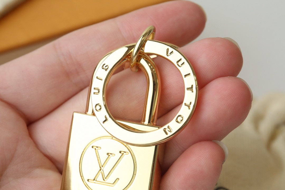 Close-up of the hardware on the gold lock keychain