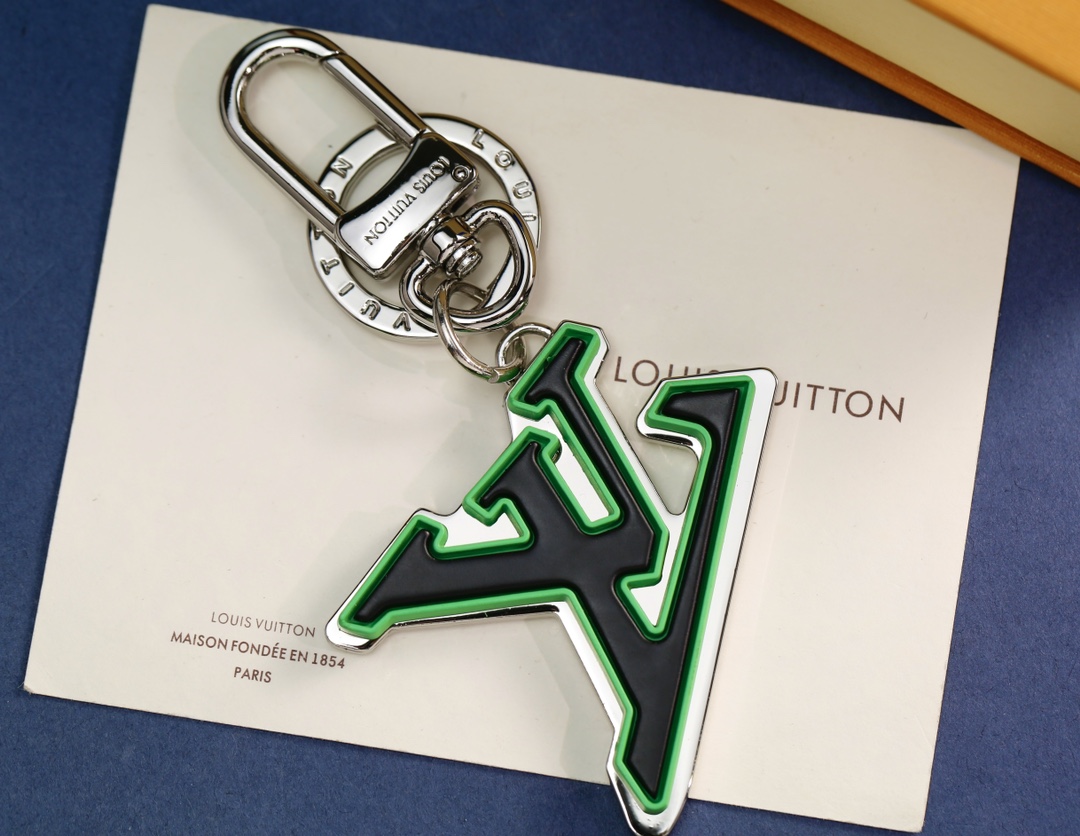 LV inspired black, green, and silver keychain front view