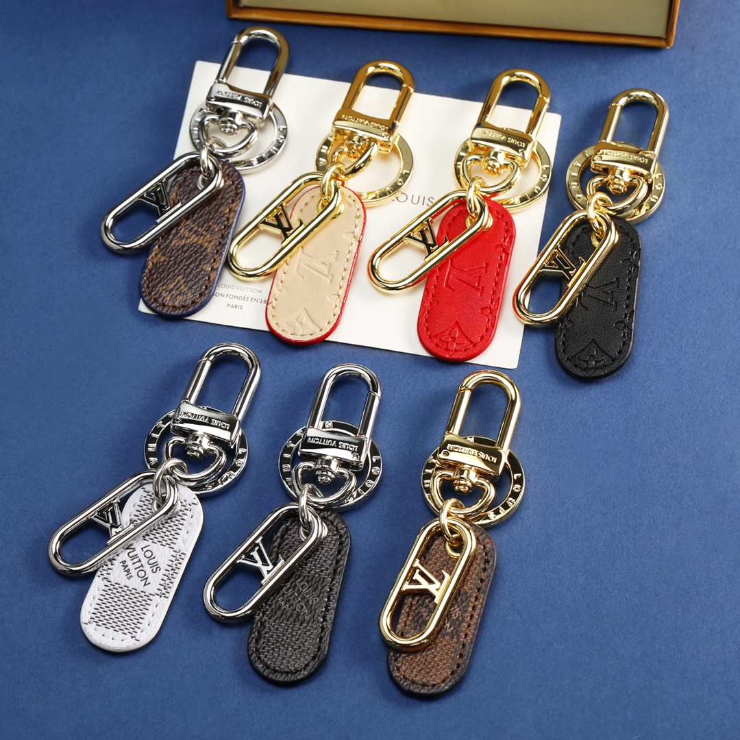 Front view of a designer leather keychain