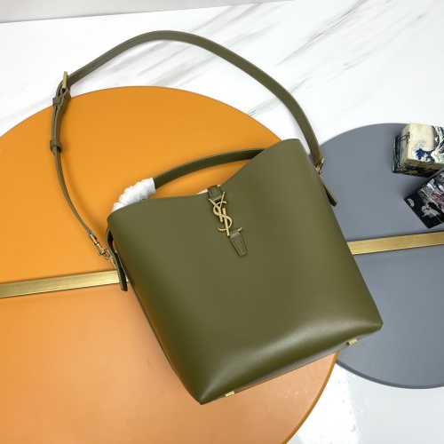 Saint Laurent 730LE 5A7 Olive Green Leather Bucket Bag with Top Handle