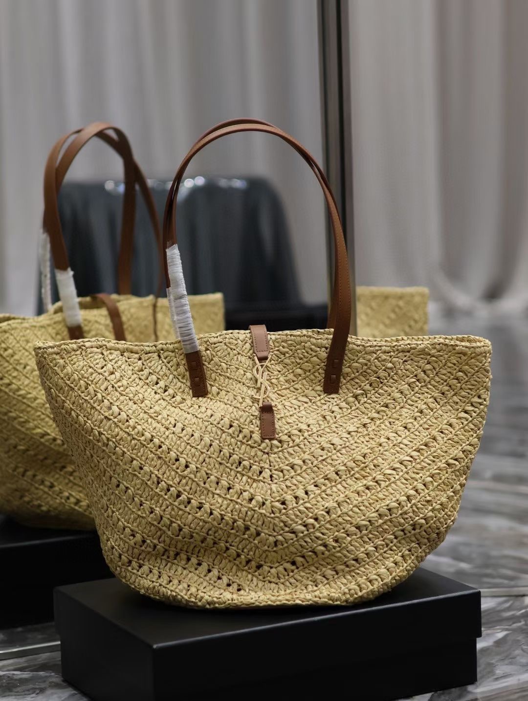 Yves Saint Laurent Handbags Tote Bags Apricot Color Openwork Cowhide Raffia Straw Woven Weave