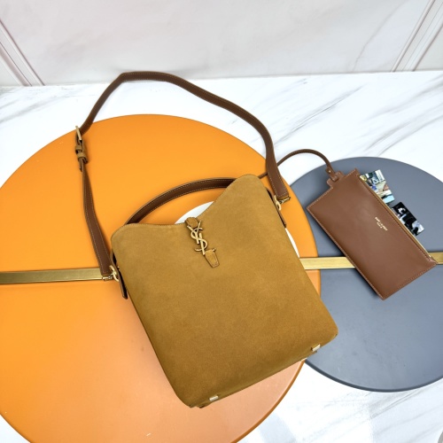 Saint Laurent Suede Bucket Bag, Classic Logo, Stylish and Modern Look 1 Saint Laurent Suede Bucket Bag, Classic Logo, Stylish and Modern Look