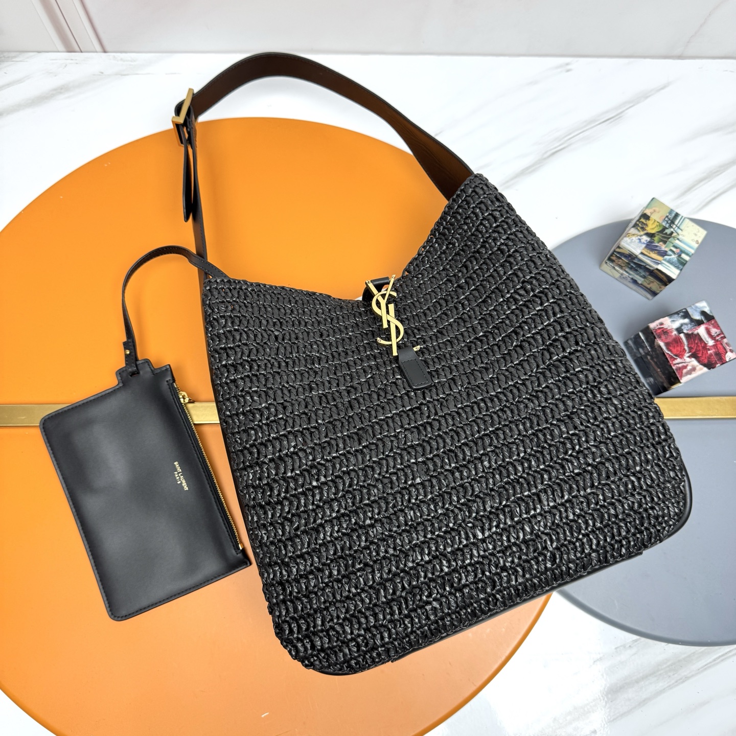 Yves Saint Laurent Raffia Hobo Bag, Black Woven, Gold-Tone Metal YSL Signature