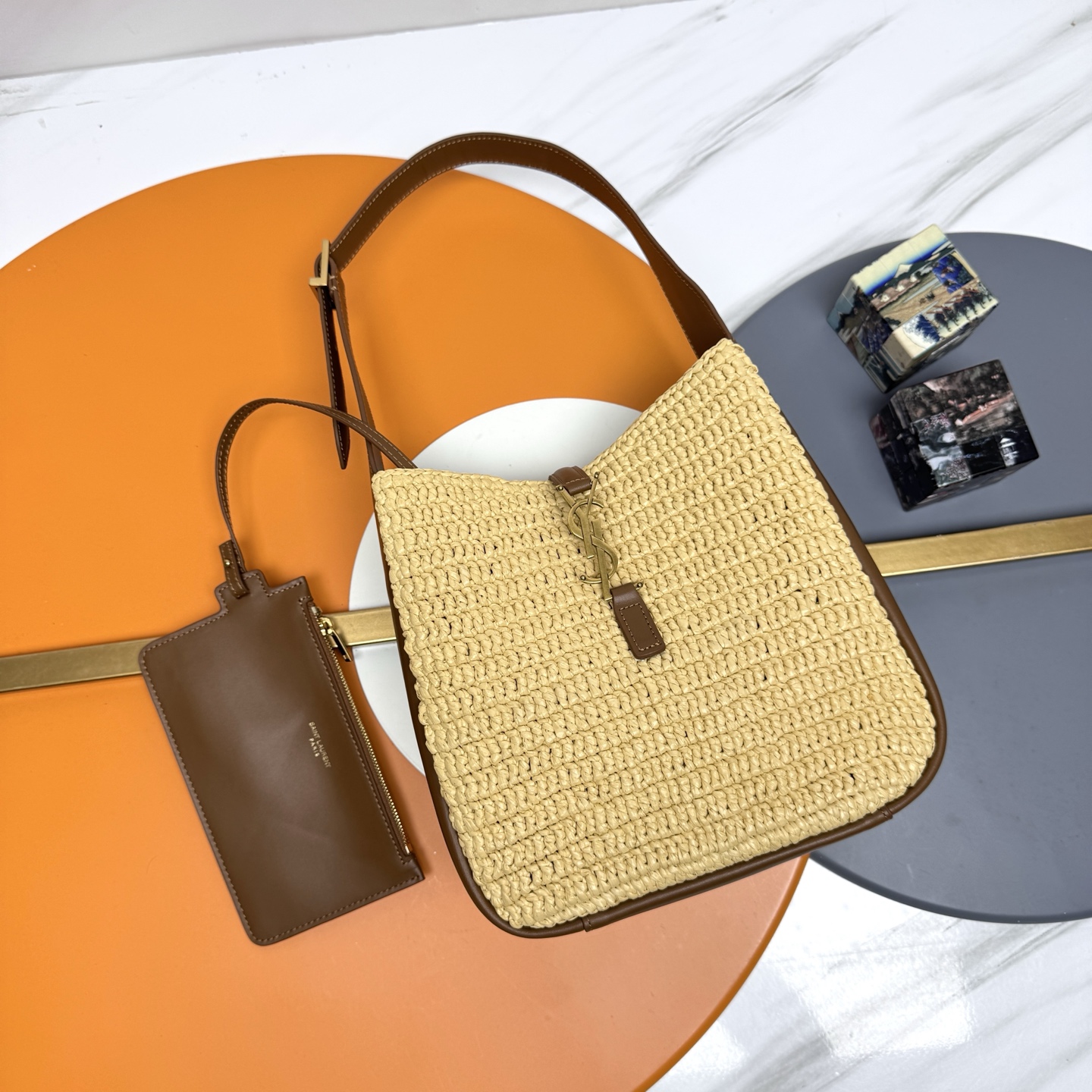 Yves Saint Laurent Raffia Hobo Bag, Apricot Woven, Leather Trim, Underarm Bag