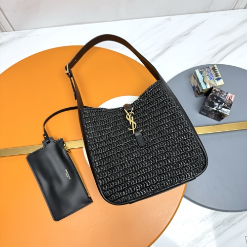 Yves Saint Laurent Black Woven Raffia Hobo Bag with Gold Logo 1 Yves Saint Laurent Black Woven Raffia Hobo Bag with Gold Logo