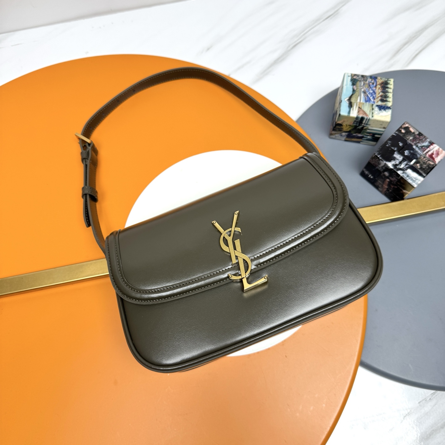 Yves Saint Laurent Solferino Medium Box Leather Handbag, Olive Green