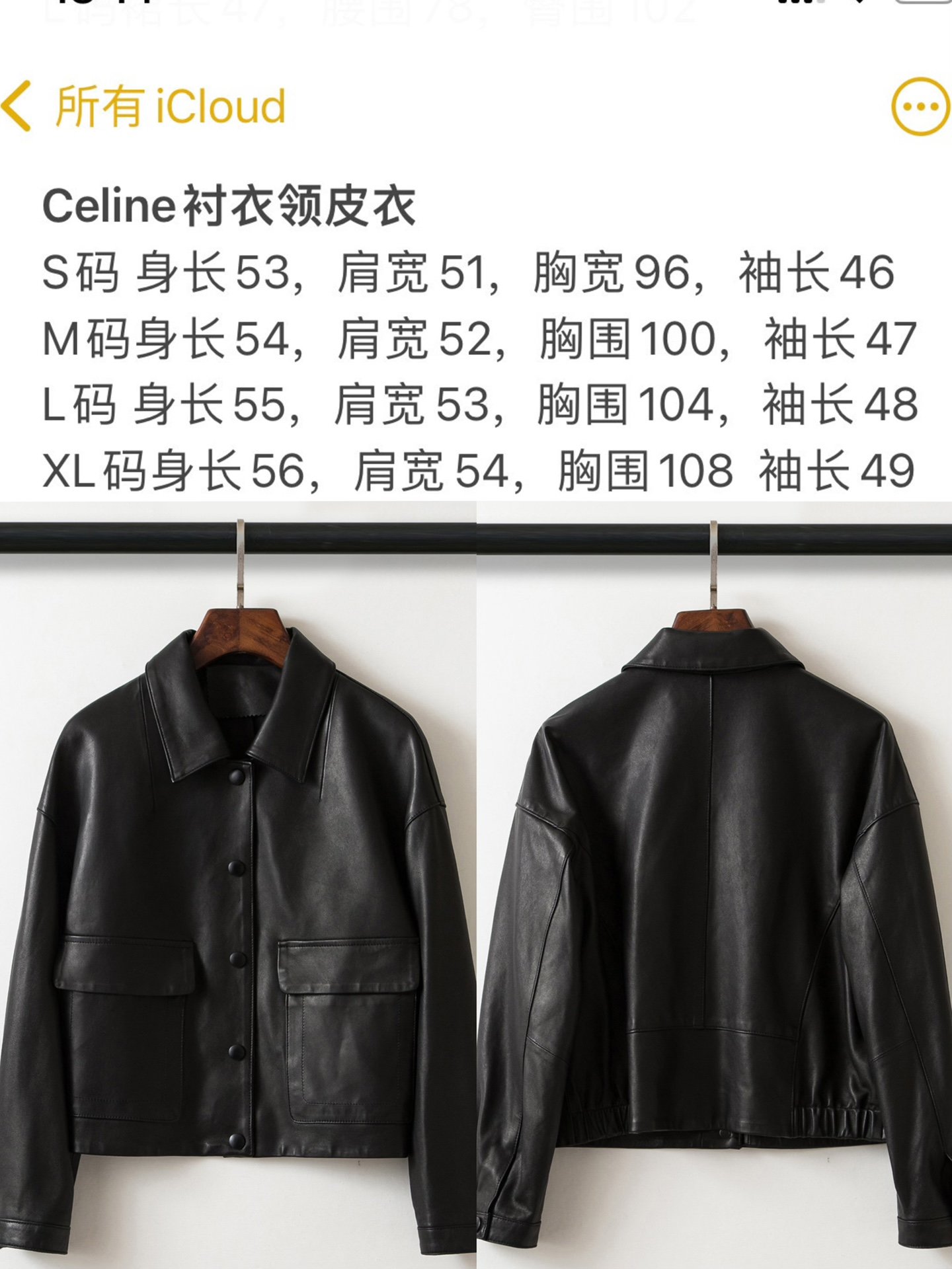 Celine新款皮衣外套，经典衬衣领口，优质绵羊皮材质，阔版版型，包容性极强，上身显瘦显气质，百搭款。一个颜色，码数：S/M/L/XL。