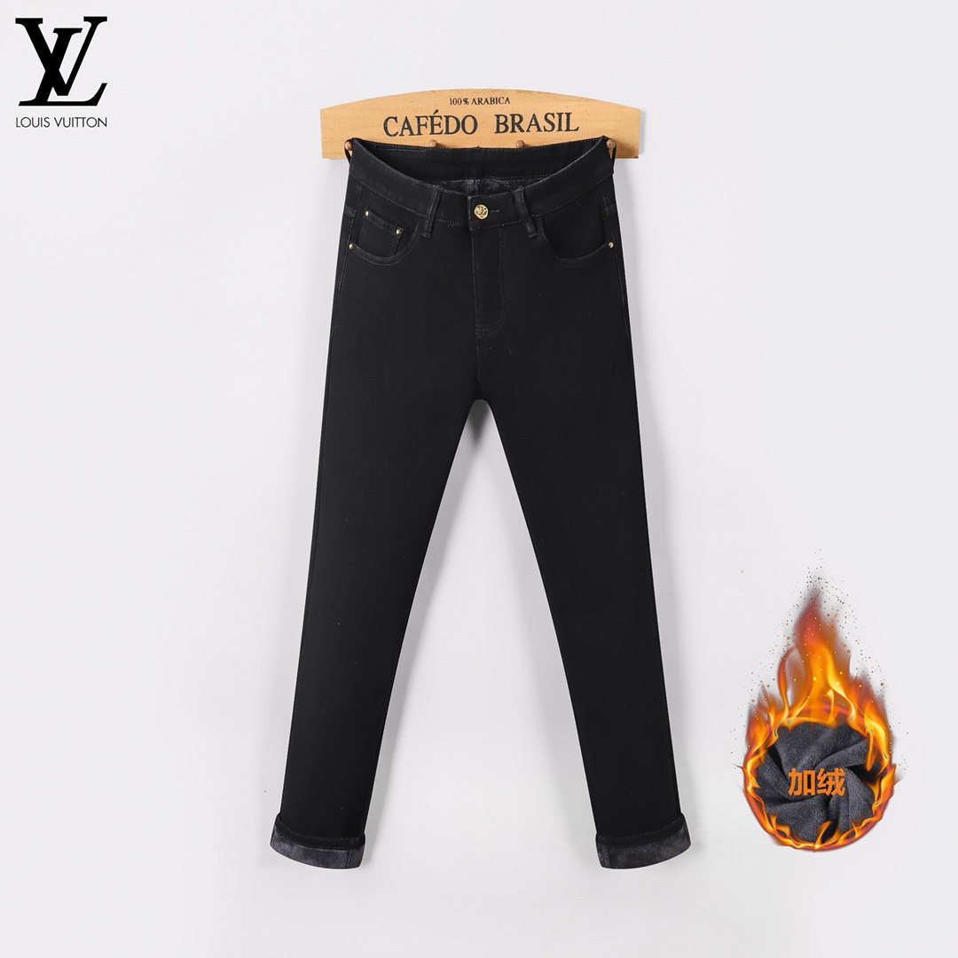 LV 秋冬加绒加厚洗水復古男士修身小脚牛仔裤